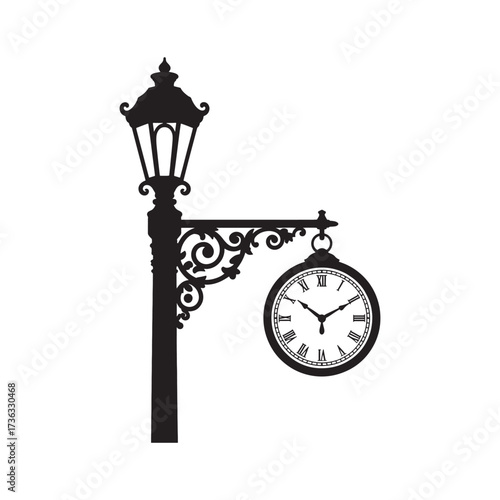Silhouette of a Vintage Streetlight Clock A Timeless Icon of Urban History and Victorian Era Elegance and Charm