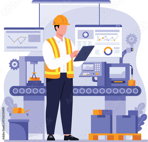 Industrial worker overseeing automated production line with data analysis.