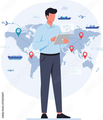 Man with Tablet Overseeing Global Logistics and Shipping Routes.