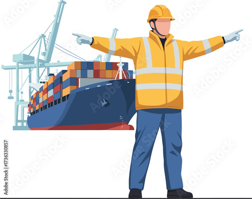 Port worker directing ship with cargo containers and cranes.