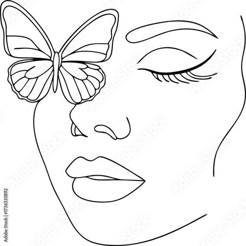 Minimalist line art a woman's face with a butterfly her cheek Continous line drawing