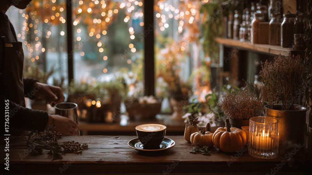 Obraz premium キャンドルとカボチャが彩る秋のカフェ 。AIで生成。