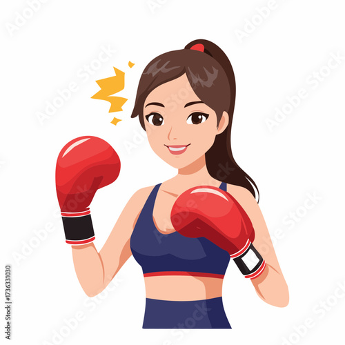 Boxing Girl Ready to Strike: A determined young woman, clad in boxing attire, prepares for combat with confidence, gloves up, ready to unleash her inner power, in a dynamically drawn graphic.