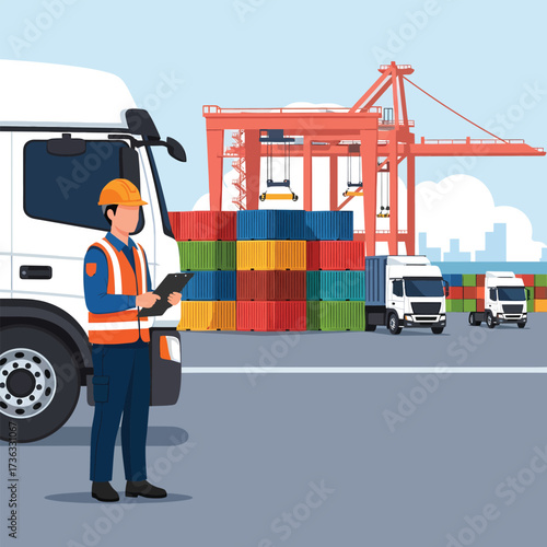 Port worker overseeing shipping containers and trucks at a busy harbor.