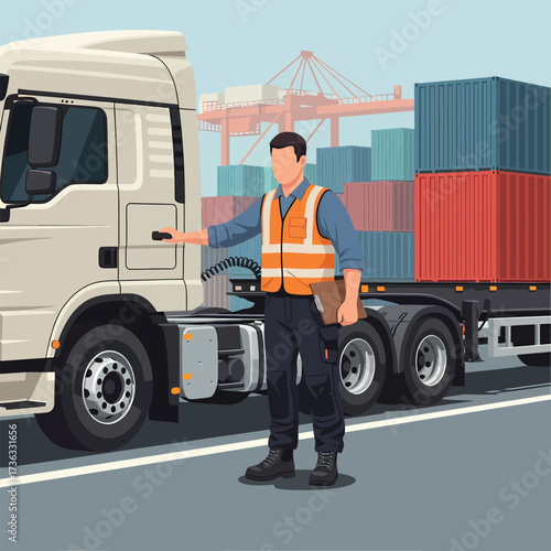 Truck driver in highvisibility vest with clipboard by semitrailer truck at port.