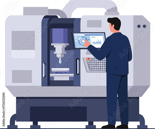 Technician operating advanced industrial CNC machining center with digital interface.