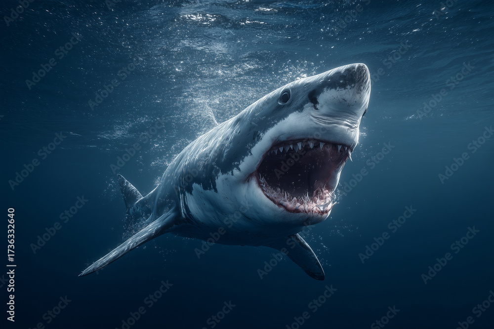 Naklejka premium realistic digital illustration of great white shark swimming in deep blue water, showcasing its powerful jaws and sharp teeth, evoking sense of awe and respect for marine life