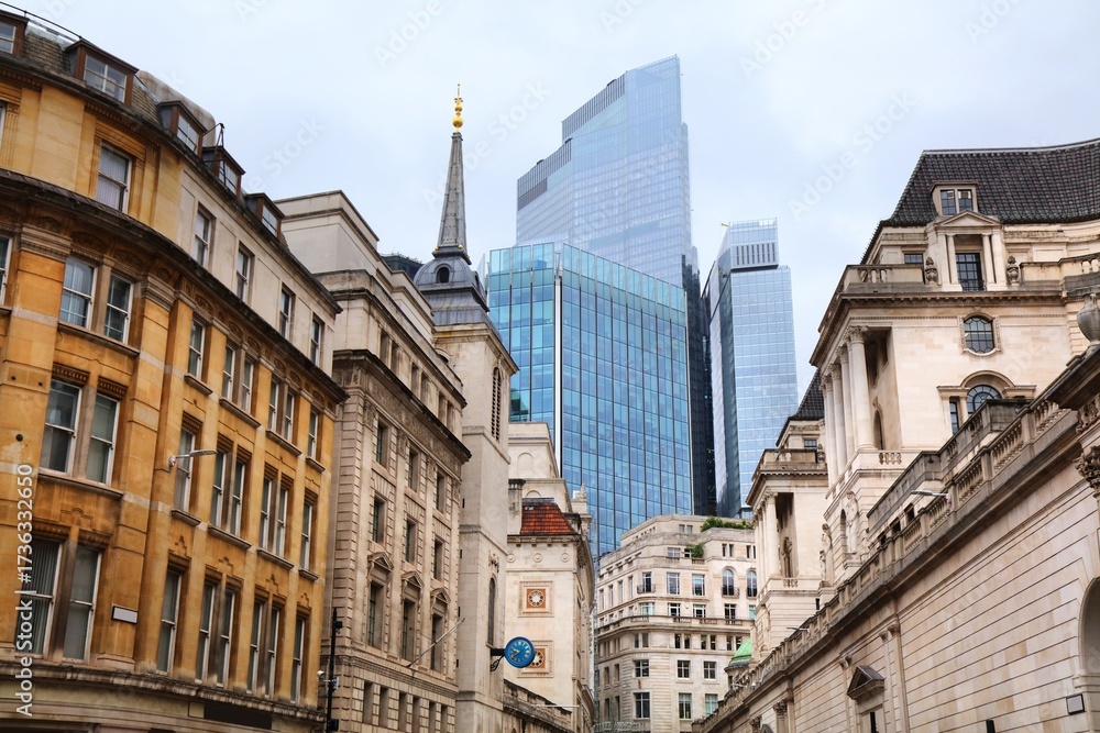 Obraz premium Lothbury street view with Trinity Church Central London. Landmarks of London UK.
