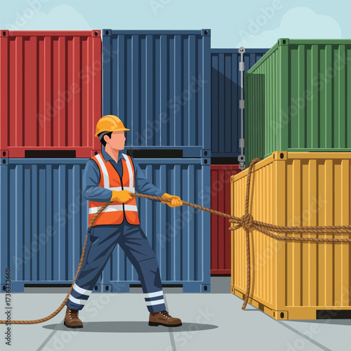 Worker pulling rope on shipping container in port.