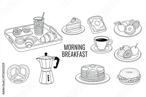 Hand drawn line art collection of morning breakfast food and drinks illustration
