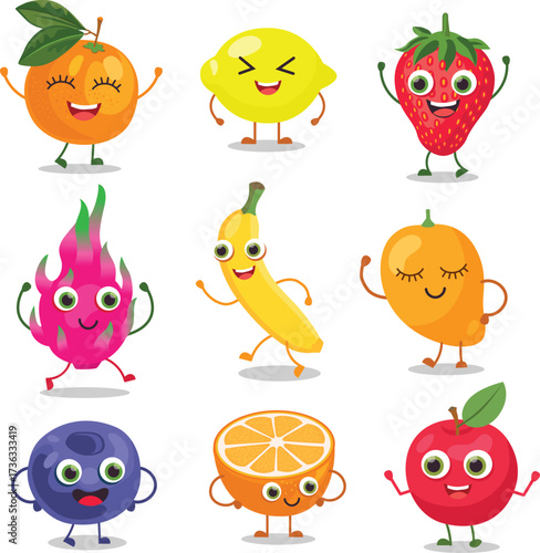 Cartoon fruit cute characters face isolated on white background vector illustration. Funny fruit face icon vector collection. Cartoon face food emoji. Fruit emoticon. Funny food concept. Vector fruit.