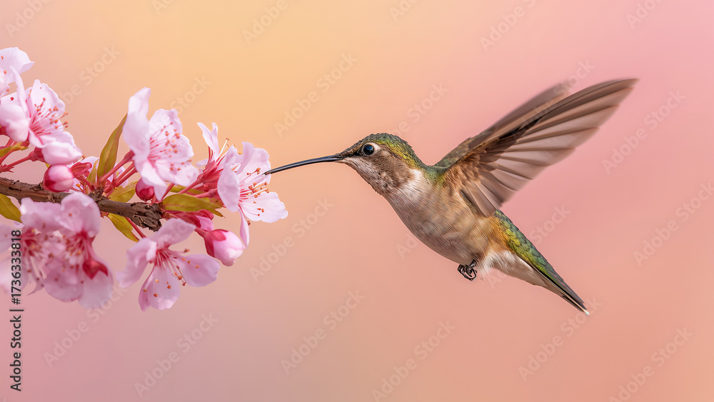 Naklejka premium Hummingbird Approaching Blooming Pink Cherry Blossom