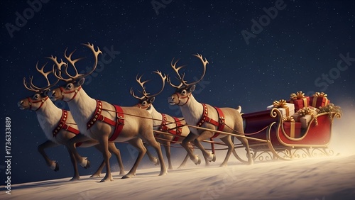 Santa's reindeer team pulling a sleigh full of wrapped Christmas gifts across a snowy landscape under a starry night sky.