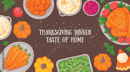 Thanksgiving day, family dinner. Hand drawn flat style. Top view vector illustration. Festive dinner with turkey and potato, apple pie, vegetables, fruits. Autumn food