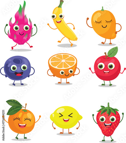 Cartoon fruit cute characters face isolated on white background vector illustration. Funny fruit face icon vector collection. Cartoon face food emoji. Fruit emoticon. Funny food concept. Vector fruit.