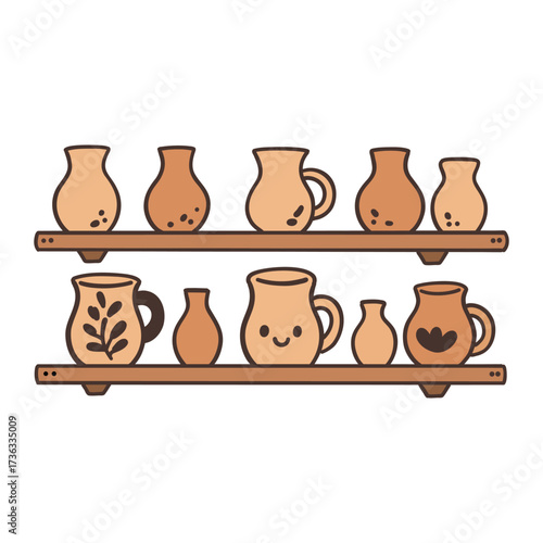 vector illustration of clay jugs placed on shelves for drying before firing.