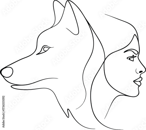 Minimalist line art profile a woman wolf side by side Continous line drawing face