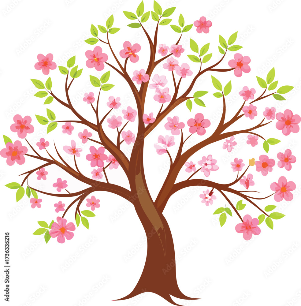 Obraz premium Stylized cherry blossom tree illustration with pink flowers and green leaves