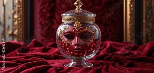 Deep Red Mask in Crystal Jar, Velvet Background, Gold Accents, Ornate Frame, Luxurious Feel