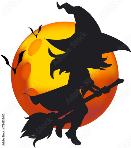 Vector clipart of a Halloween witch silhouette flying on a broom against a full moon with bats