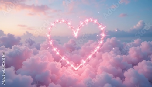 Ethereal Love  A Delicate Heart Made of Soft Pink Fairy Lights Against a Fluffy Cloudscape
