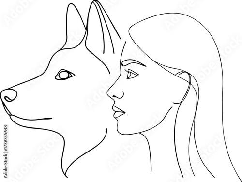 Minimalist line art woman dog side profile connection Continous line drawing vector