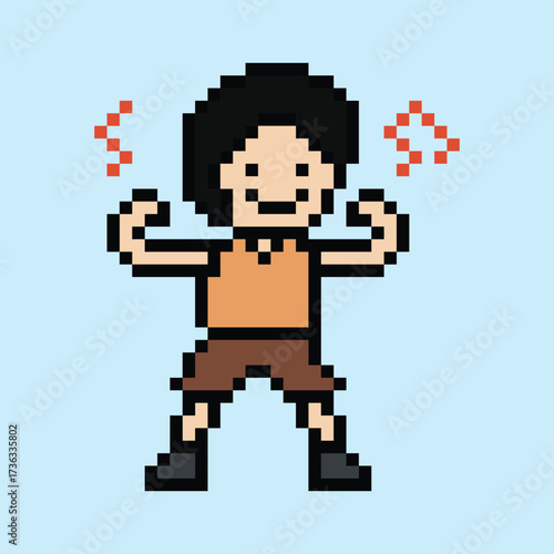 Cute cartoon pixel character cute man exercises training aerobic dance lifestyle music decoration life style 8 bit male boy dance background with music game 8bit fitness vector.