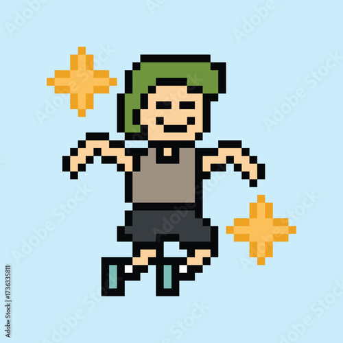 Cute cartoon pixel character cute man exercises training aerobic dance lifestyle music decoration life style 8 bit male boy dance background with music game 8bit fitness vector.