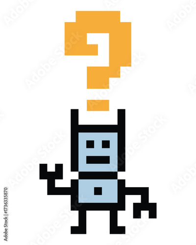 Cartoon cute pixel art of Humanoid robot or ai learning skill robotic chat bot robots business vector character automation background 8 bit art.