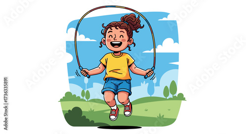 Girl jumping rope activity vector illustration for kids fitness and outdoor play recreation cartoon design