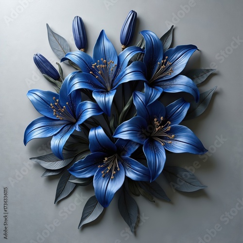 Blue lilies floral arrangement on gray wall. 3D flowers with golden stamens. Decorative metallic bloom with leaves. Luxurious bouquet with budding flowers. Elegant wall art with sophisticated design.