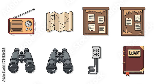 Adventure gear icons radio map binoculars and more perfect for travel exploration escape room graphics conveying retro adventure aesthetics.