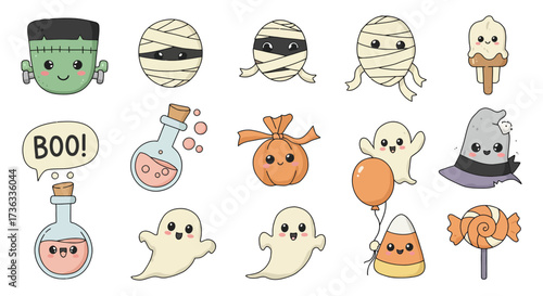 adorable halloween stickers collection cute frankenstein mummy ghost candy corn lollipop and potion icons for holiday designs and party invitations
