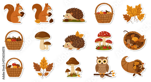 autumn harvest elements squirrels hedgehogs baskets mushrooms and leaves in sticker style ideal for seasonal design projects fall crafts and educational resources.