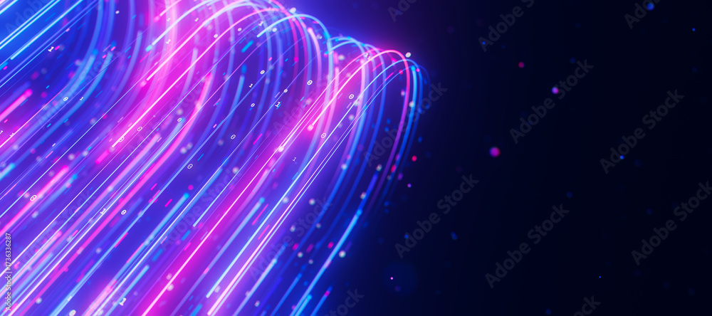 Obraz premium Bigdata light speed data flow turn closeup. Abstract digital data stream of quantum computing. Cyberspace of qubit trails. Modern tech information transmission.