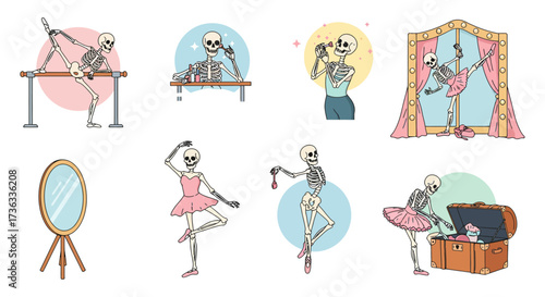 ballet skeleton in costume preparing for a performance doing makeup stretching at barre evoking dance practice and halloween fun