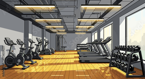 Gym fitness center workout exercise equipment treadmills weights and bikes for healthy lifestyle training