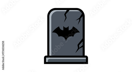 Batman tombstone with cracks a symbol of loss standing alone against a white background perfect for Halloween graphics and spooky themes.
