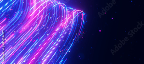 Bigdata light speed data flow turn closeup. Abstract digital data stream of quantum computing. Cyberspace of qubit trails. Modern tech information transmission.