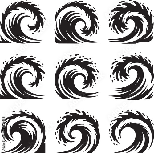 Swirling ocean waves with splashing water droplets