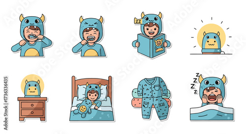 boy in monster pajamas bedtime routine brushing teeth reading and waking up ideal for childrens health and sleep guides.