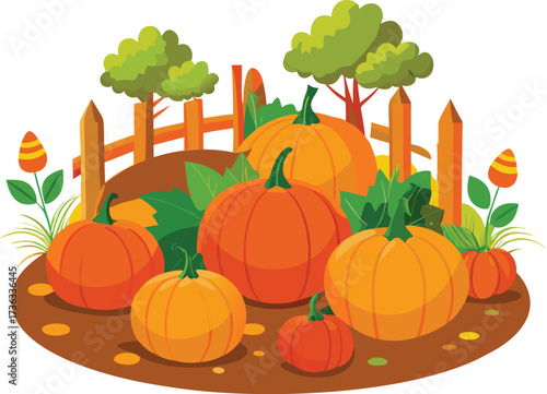 A vibrant autumnal arrangement of pumpkins and gourds in a garden patch