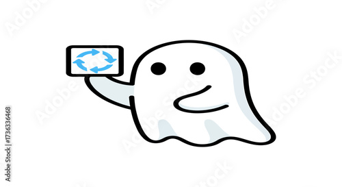 Cartoon ghost character holding a smartphone with refresh arrows conveying app updates software refresh or data synchronization themes