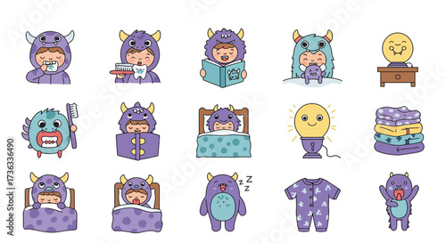 cartoon monster pajama party kids preparing for sleep reading brushing teeth and slumbering peacefully in a cozy whimsical bedtime scene