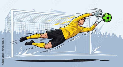 Illustration of a soccer goalkeeper diving to save a green soccer ball in a soccer game action shot