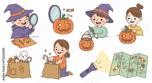Children preparing for halloween carving pumpkins dressing up in costumes getting ready for trick or treating and reading a candy map