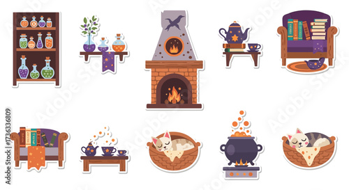 cozy witch cottage interiors book-filled shelves warm fireplace sleeping cat and brewing potions perfect for magical and fantasy themes