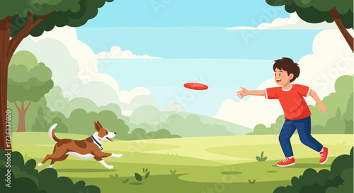 Illustration of boy throwing frisbee for dog in park outdoor activity recreation fun playtime happy scene