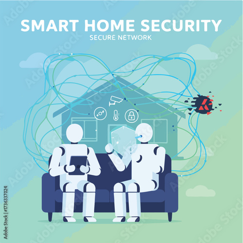Smart Home Automation Network Security Vector Illustration. Wide Landscape Homeowners Protecting IoT Devices