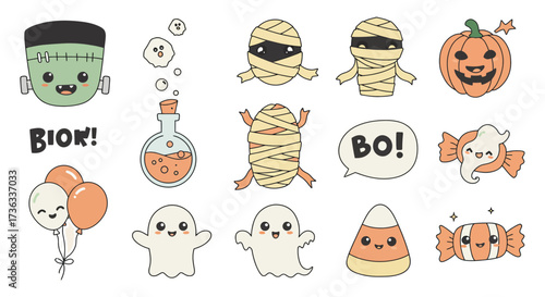 Cute halloween characters including mummies ghosts frankenstein and candies perfect for halloween party invitations posters or decoration elements